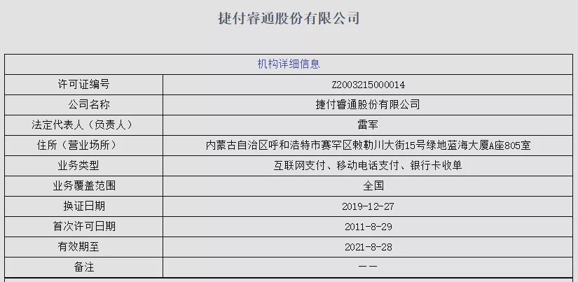 小米取得成功100%控投捷付睿通（来源企查查）